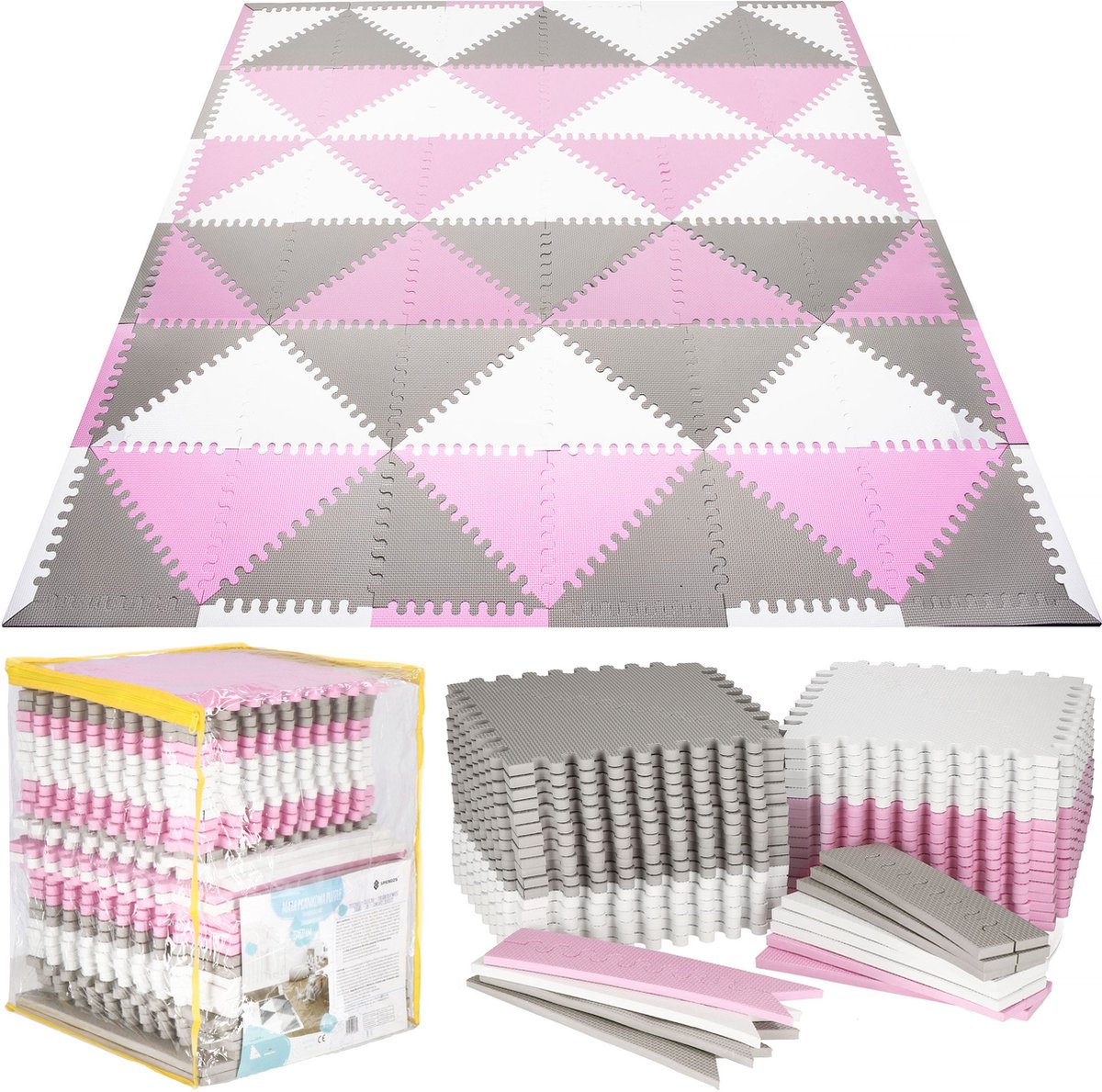 Springos Speelmat | Speelmat Foam | Puzzelmat | 72 puzzelstukken | 186 x 186 cm | Grijs/Wit/Roze